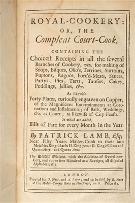 Lot 138 - Lamb (Patrick). Royal-Cookery: or, the Compleat Court-Cook, 1716