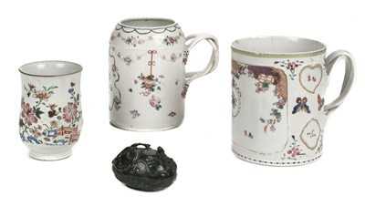 Lot 59 - Chinese. A spinach green jade box and cover, an export mug and other items