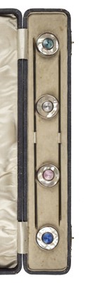 Lot 94 - Hat pins. A boxed set of enamel and mother of pearl hat pins, early 20th century