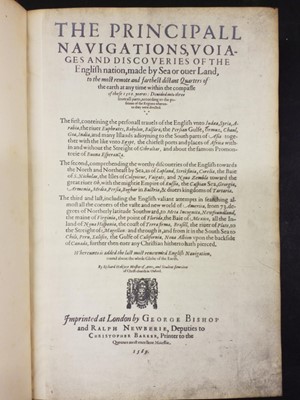 Lot 81 - Hakluyt (Richard). Principall Navigations, 1st edition, 1589, & Medina, L'art de naviguer, 1569