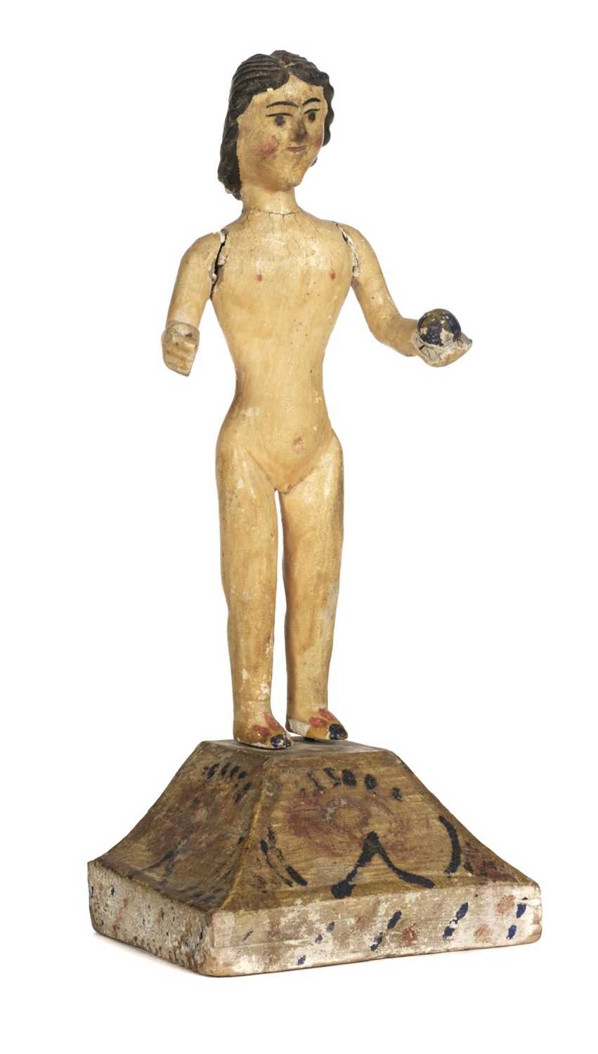 Lot 480 - Dolls. A primitive wooden doll on plinth, possibly South American, 19th century