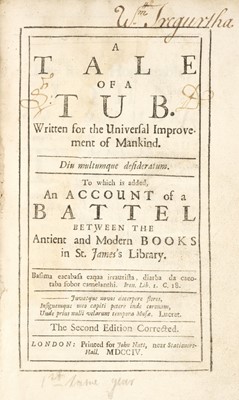 Lot 389 - Swift (Jonathan). A Tale of a Tub, 2nd edition, 1704, & 10 others, 17th-18th century literature