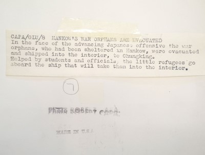 Lot 14 - Capa (Robert, 1913-1954). Hankow's War Orphans are Evacuated, 1938