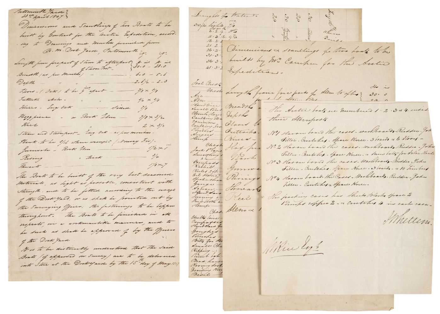 Lot 43 - Franklin Polar Expedition. Original manuscript instructions for the building of 4 boats