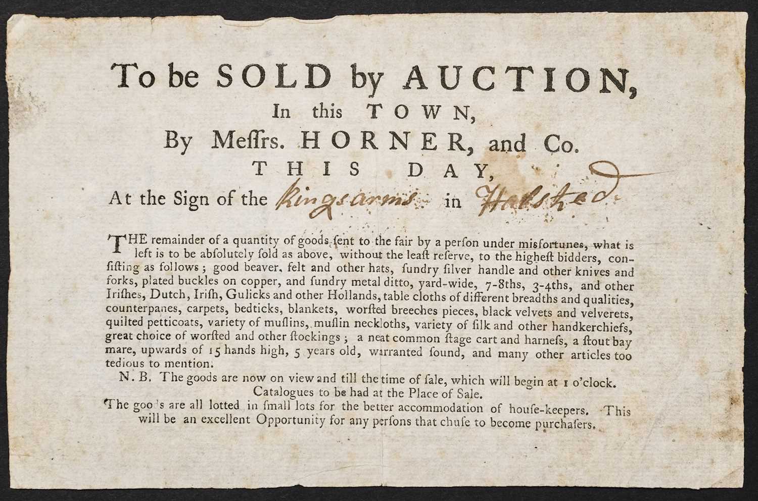 Lot 139 - Auction flyer. To be Sold at Auction in this Town, by Messrs. Horner, and Co., c. 1800