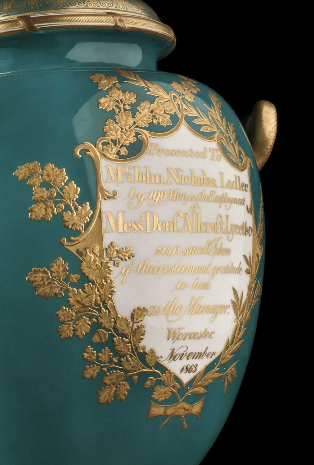 Lot 126 - Royal Worcester turquoise-ground baluster vase, 1863
