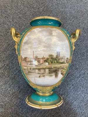 Lot 126 - Royal Worcester turquoise-ground baluster vase, 1863