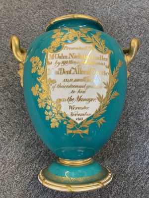 Lot 126 - Royal Worcester turquoise-ground baluster vase, 1863