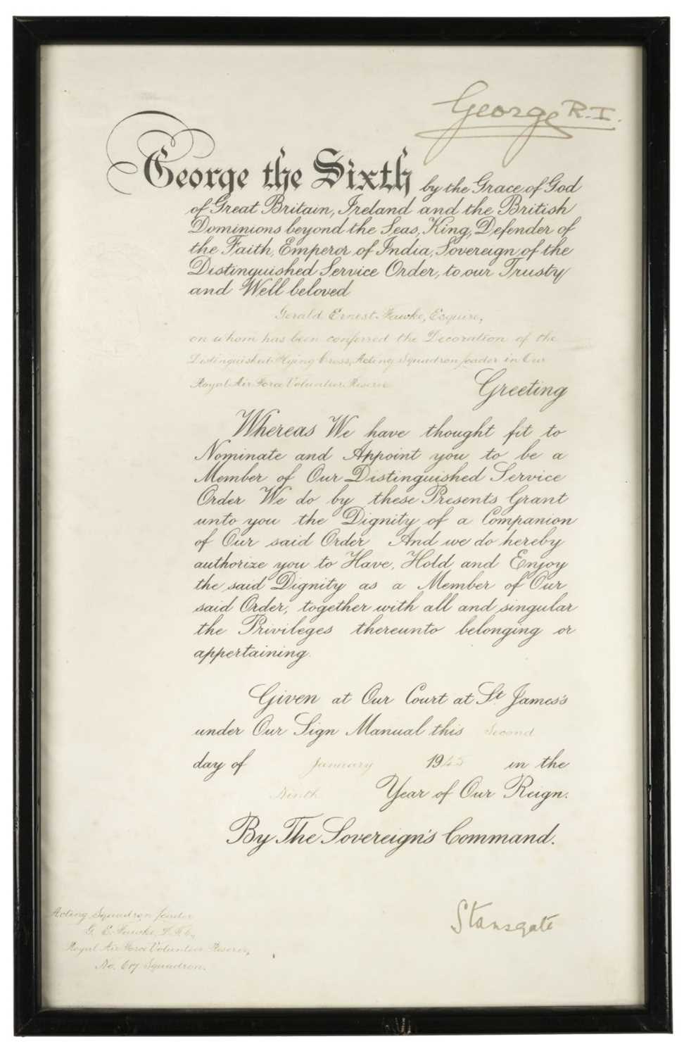 Lot 1 - 617 Squadron. Document relating to Squadron Leader GE Fawke, DSO, DFC