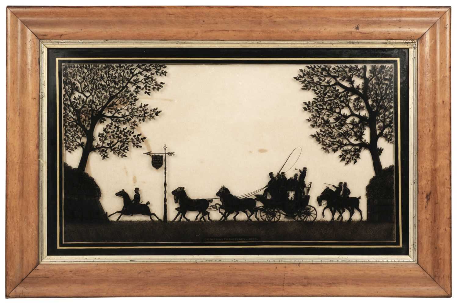 Lot 33 - Epsom Derby 1827. A fine pair of reverse glass black silhouette paintings circa 1827