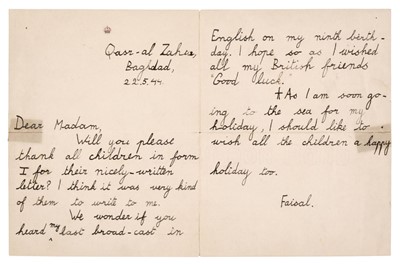 Lot 264 - Mohammed bin Faisal Al Saud (1937-2017). Autograph Letter Signed, 'Faisal', 27 May 1944