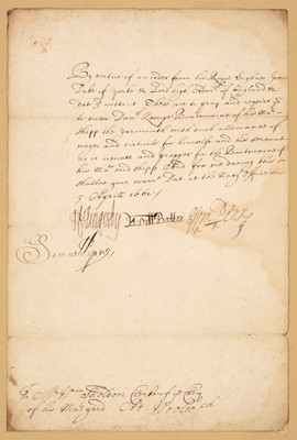 Lot 359 - Pepys (Samuel, 1633-1703). Document Signed, 1661