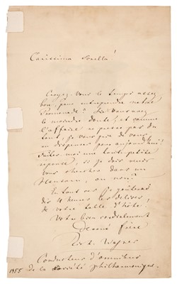 Lot 374 - Wagner (Richard, 1813-1883). Autograph Letter Signed, 1855