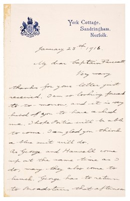 Lot 257 - George VI (1895-1952). Autograph Letter Signed, 'Albert', Sandringham, Norfolk, 25 January 1916