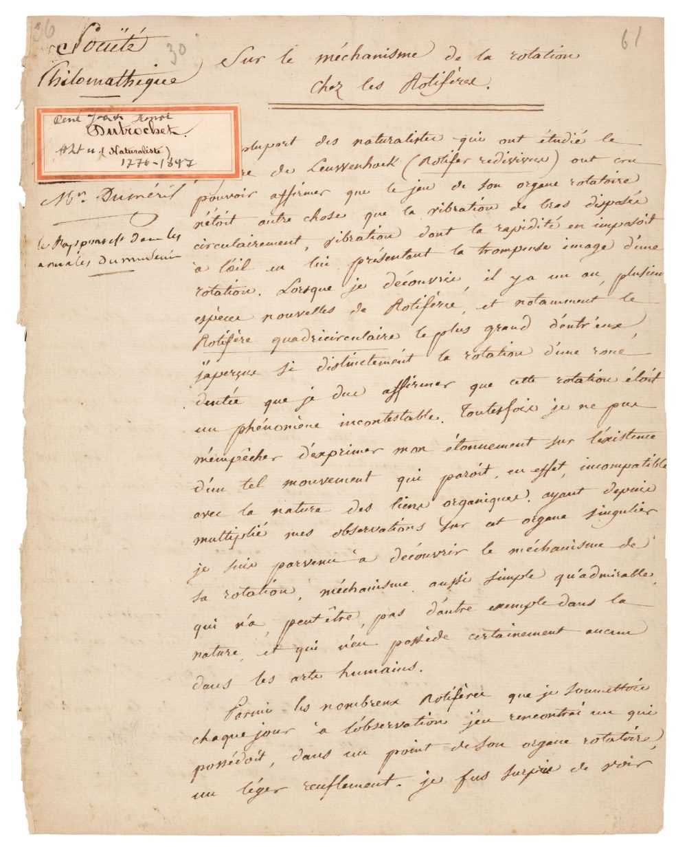 Lot 329 - Dutrochet (René-Joachim-Henri, 1776-1847).  'Sur le méchanisme de la rotation chez les rotifères', 13 July 1813