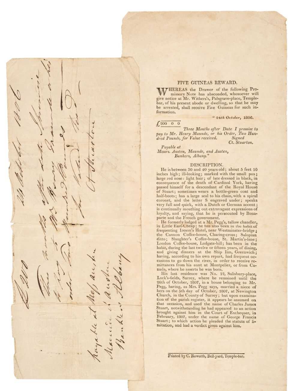 Lot 587 - Austen (Henry Thomas, 1771-1850). Manuscript promissory note for £200, 24 October 1806