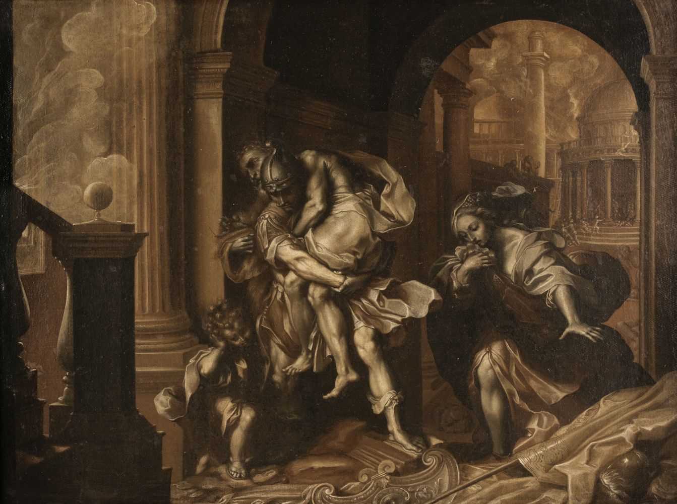 Lot 2 - Barrocci (Federico, 1535-1612). Aeneas Fleeing Troy, oil on canvas