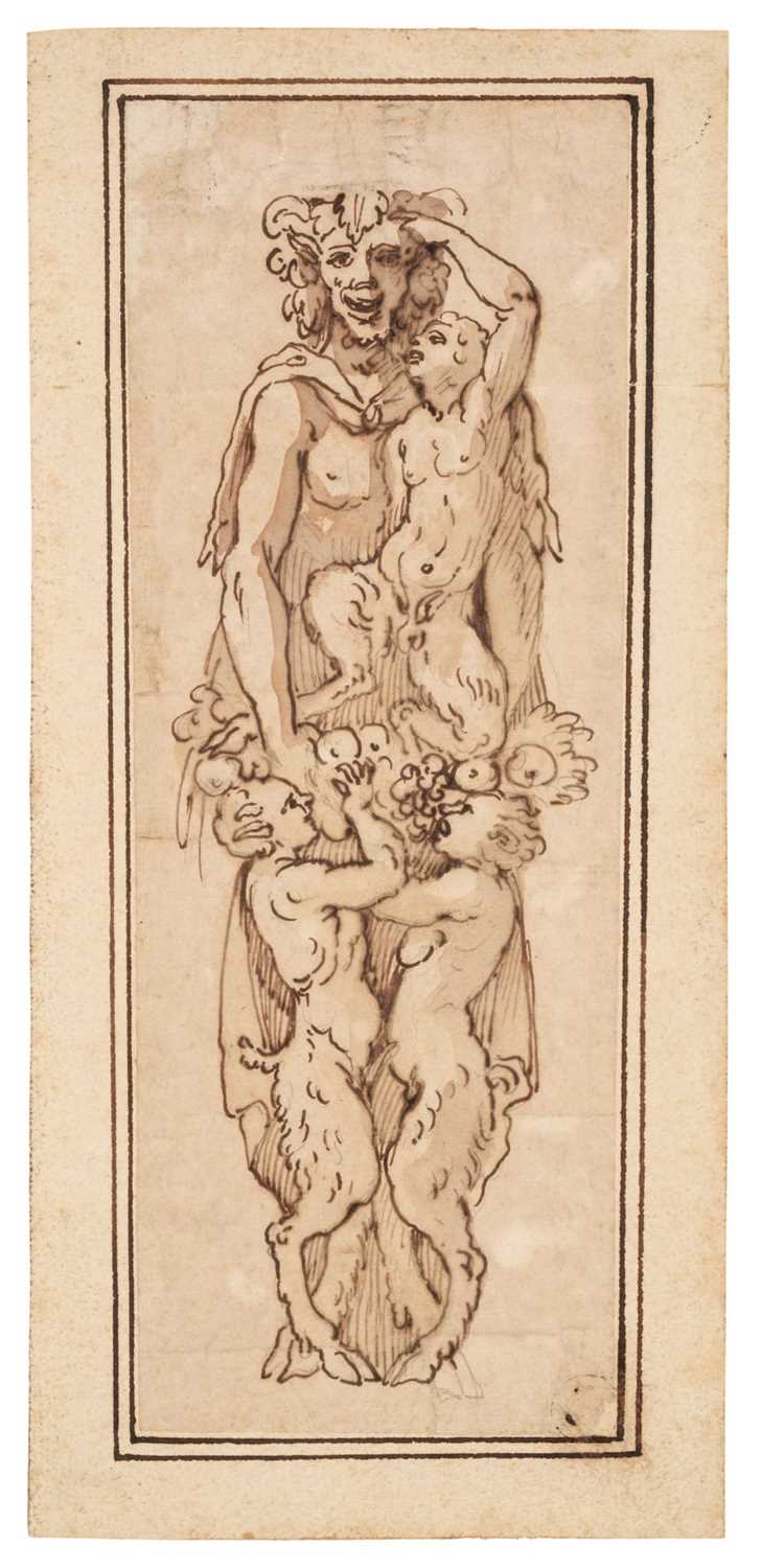 Lot 16 - Italian School, circa 1600. Pan with Satyrs, pen and ink