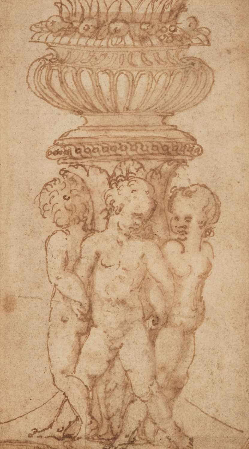 Lot 11 - Circle of Giulio Romano, Putti before an Urn bearing Fruits, circa 1520, pen and ink