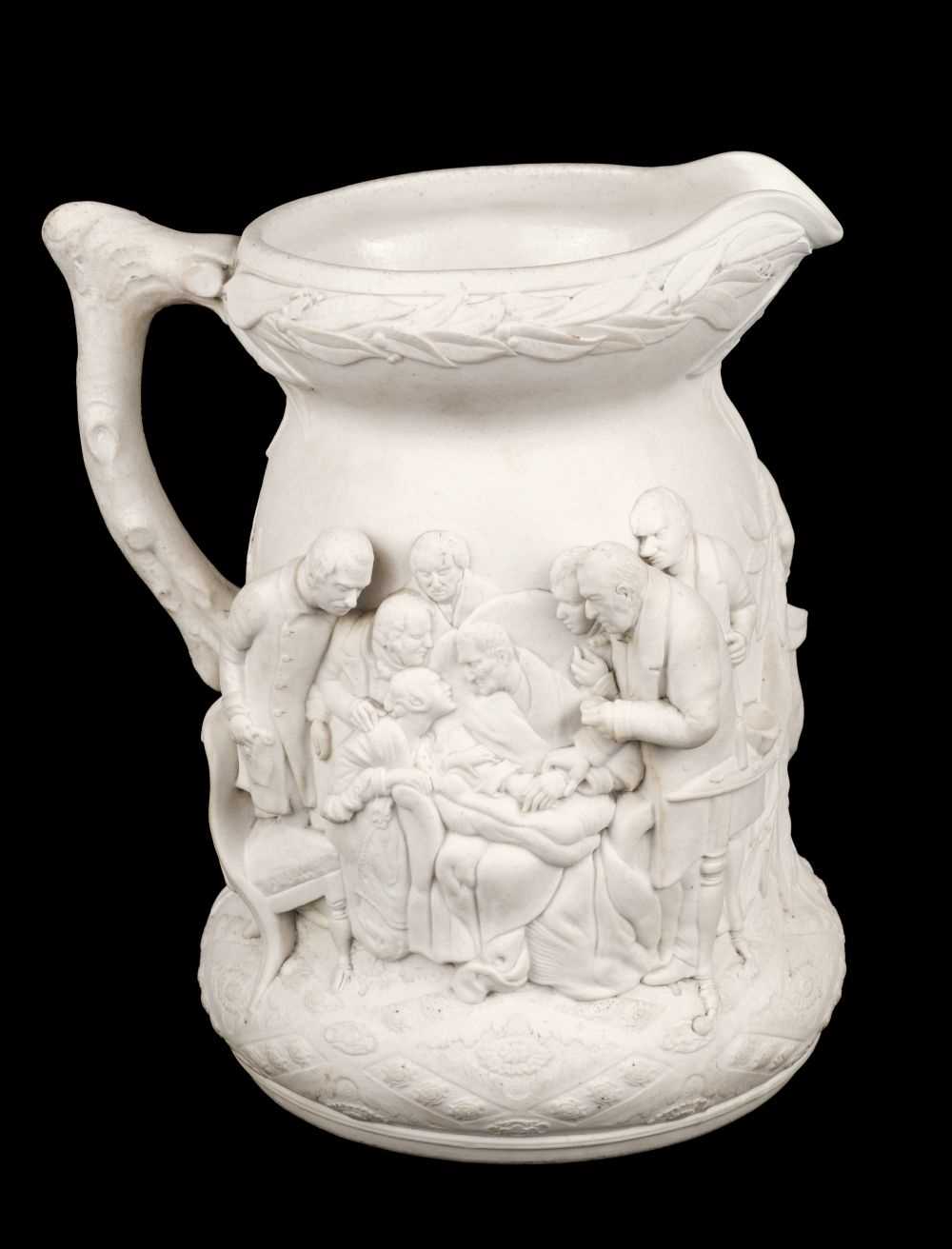 Lot 562 - Duke of Wellington. A Victorian parian ware Jug depicting the death of the Duke of Wellington at Walmer Castle