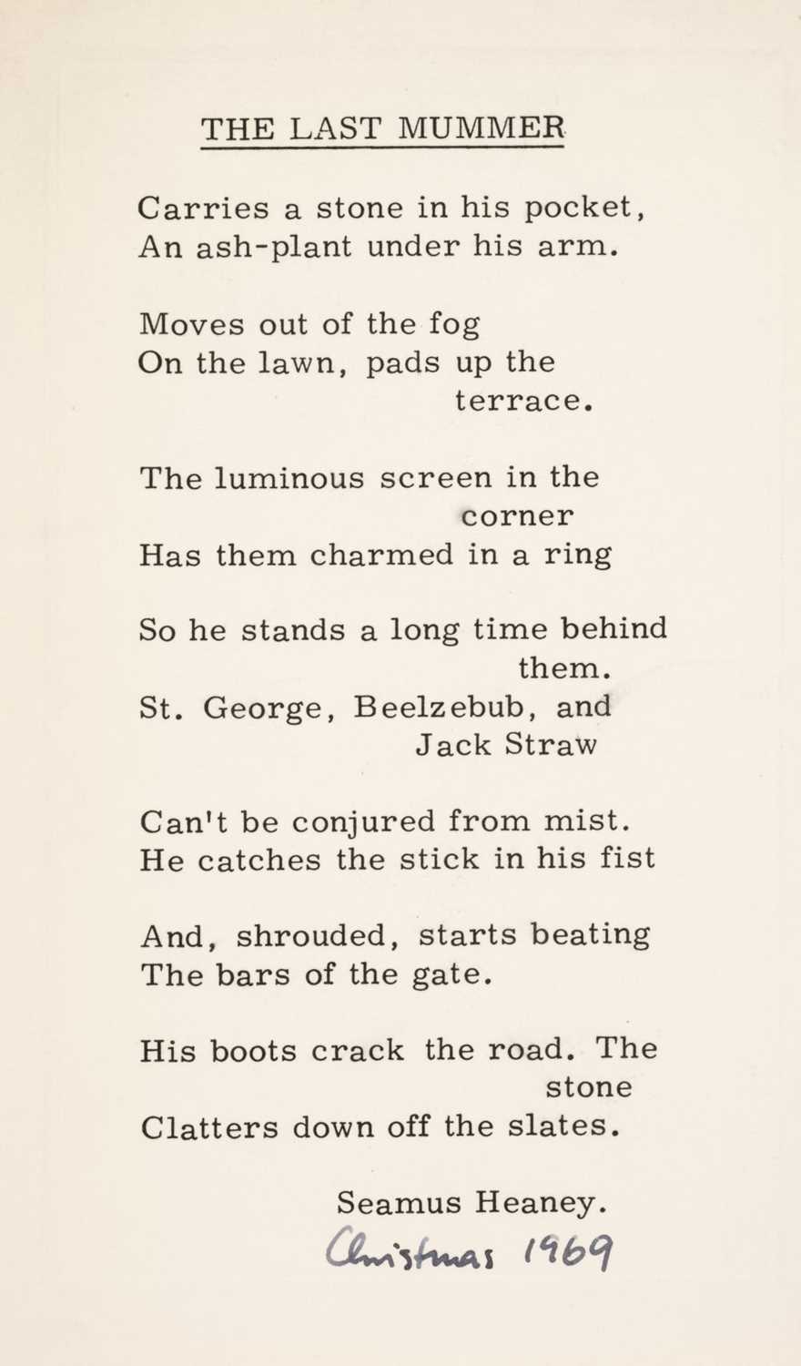 Lot 913 - Heaney (Seamus, 1939-2013). Christmas card, 1969