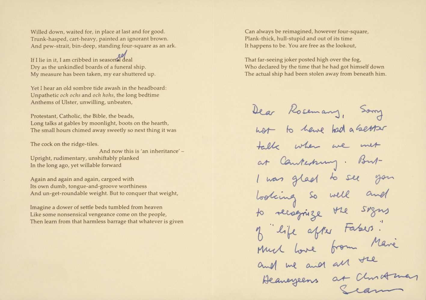 Lot 920 - Heaney (Seamus, 1939-2013). Christmas card, printed privately by Peter Fallon for the Heaneys