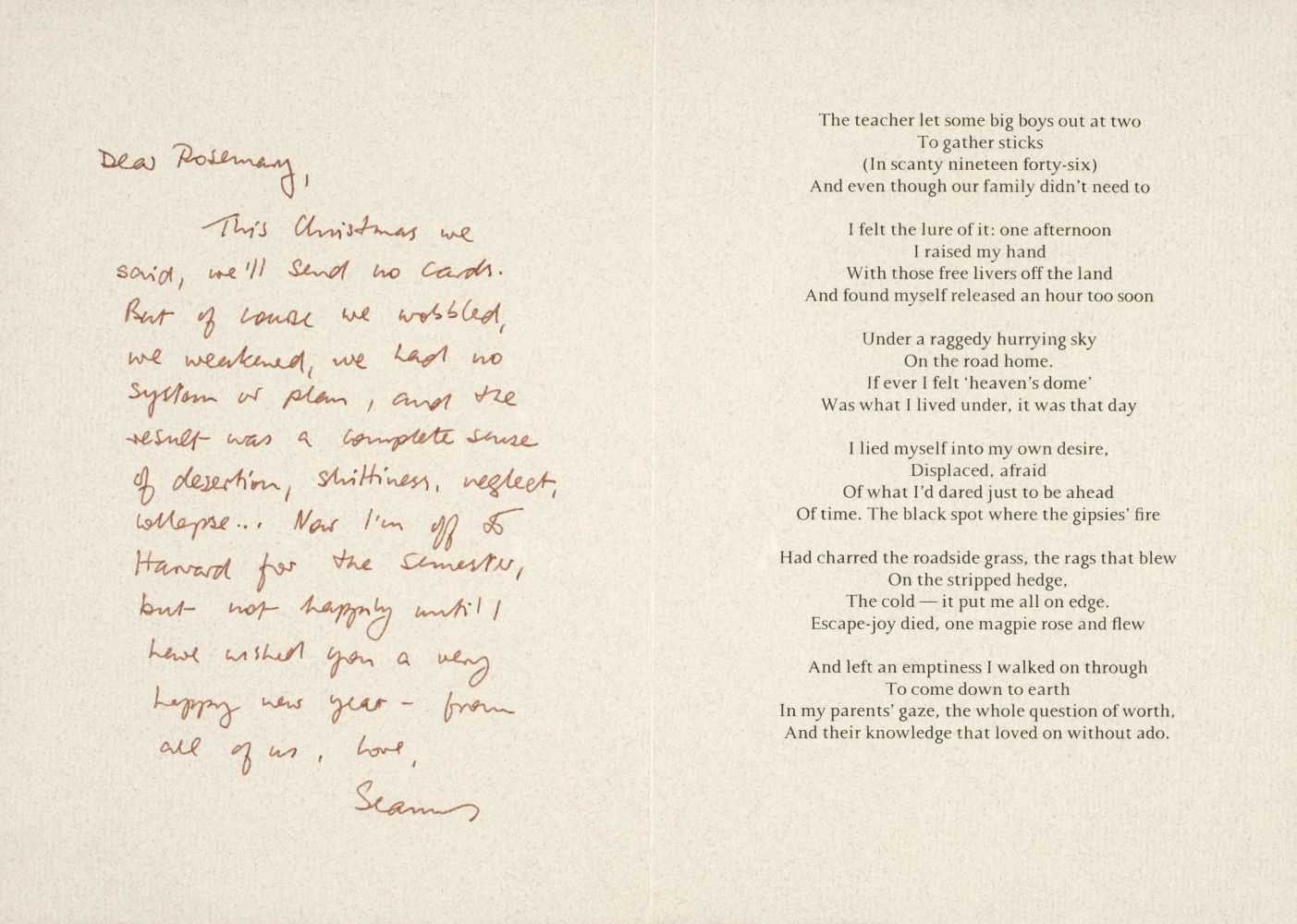 Lot 922 - Heaney (Seamus, 1939-2013). Christmas card, privately printed for the author