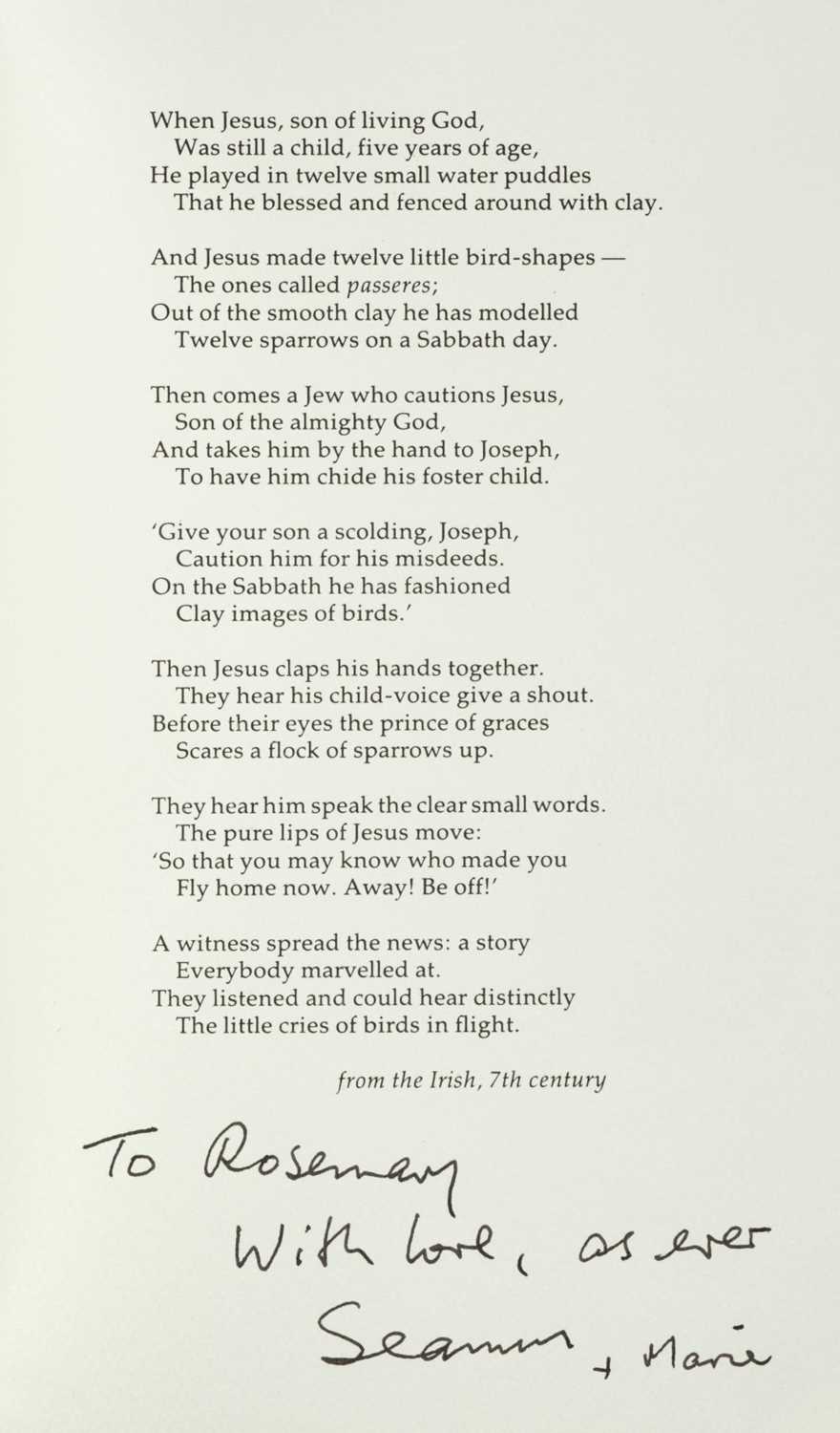 Lot 923 - Heaney (Seamus, 1939-2013). Christmas card, privately printed for the author
