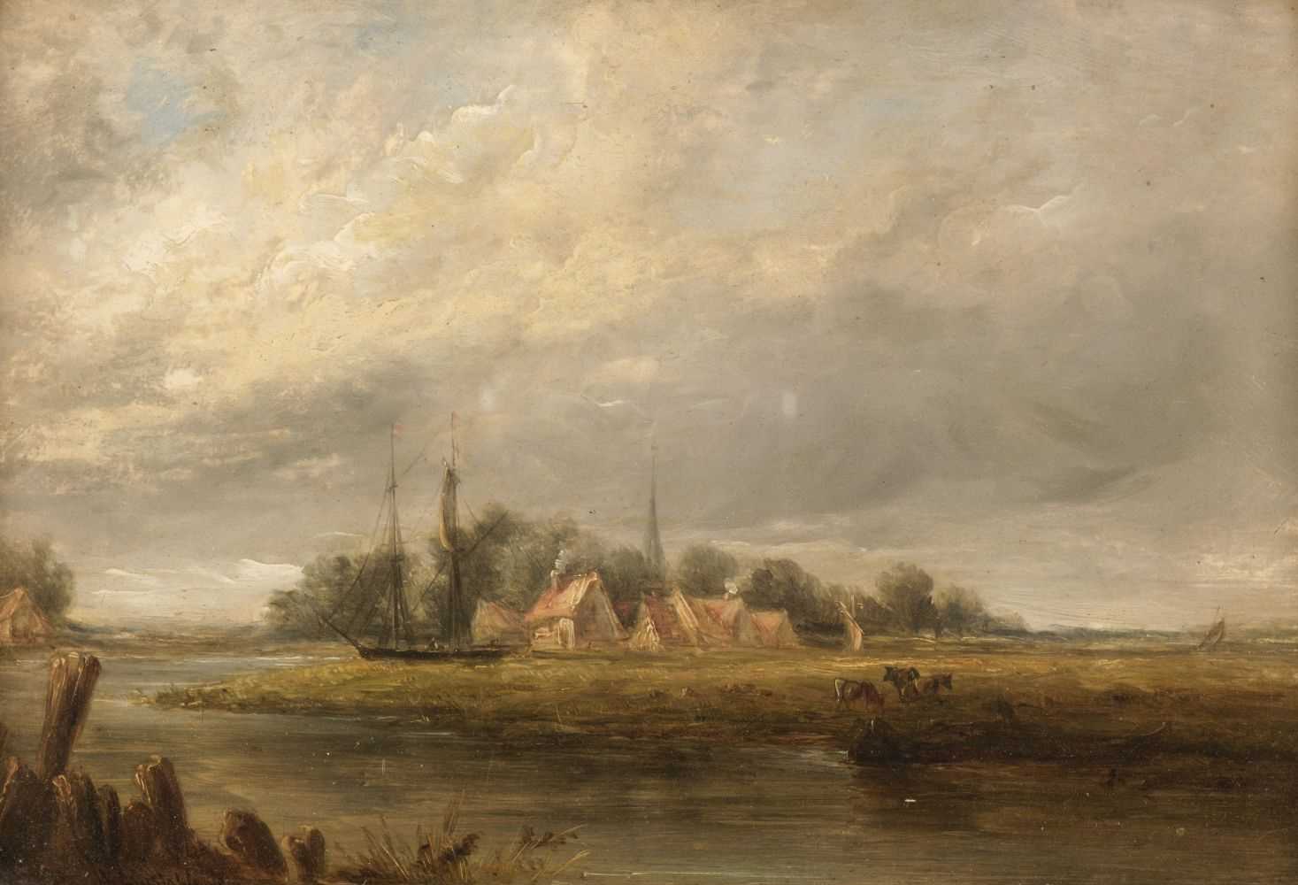 Lot 17 - Norwich School. Norfolk landscape with thatched cottages, circa 1790-1800
