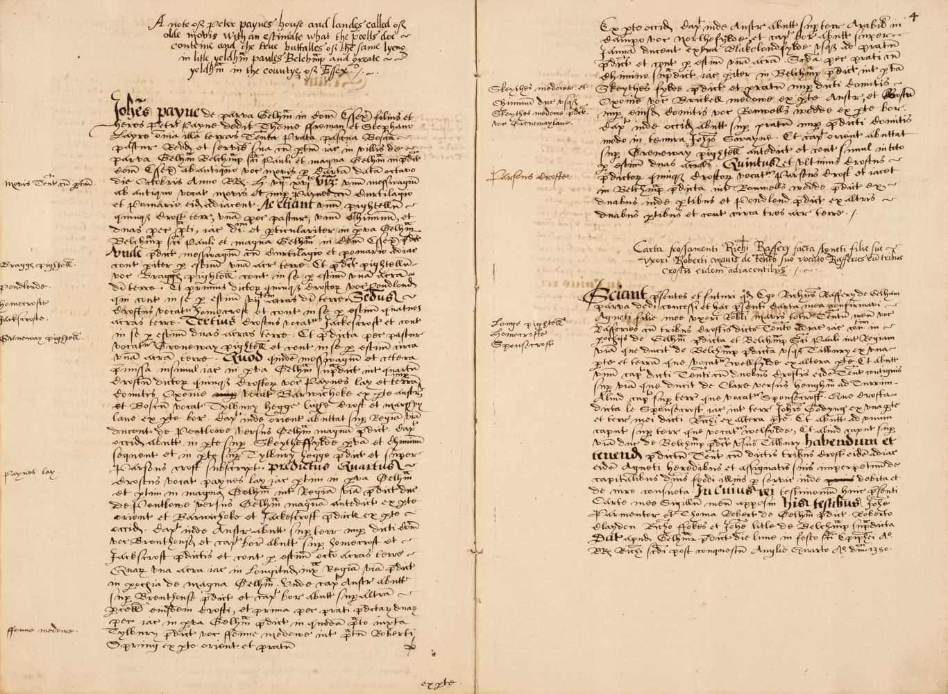 Lot 29 - Belchamp St Paul, Essex. A volume of manuscript copies of Latin (and some English) deeds, 1584