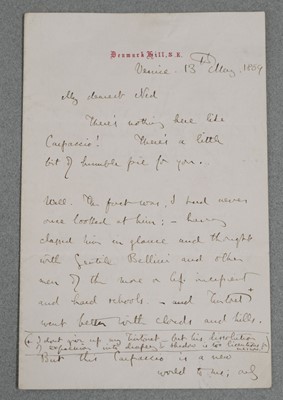 Lot 366 - Ruskin (John, 1819-1900). Autograph Letter Signed with initials 'J. R.', Venice, 13 May 1869