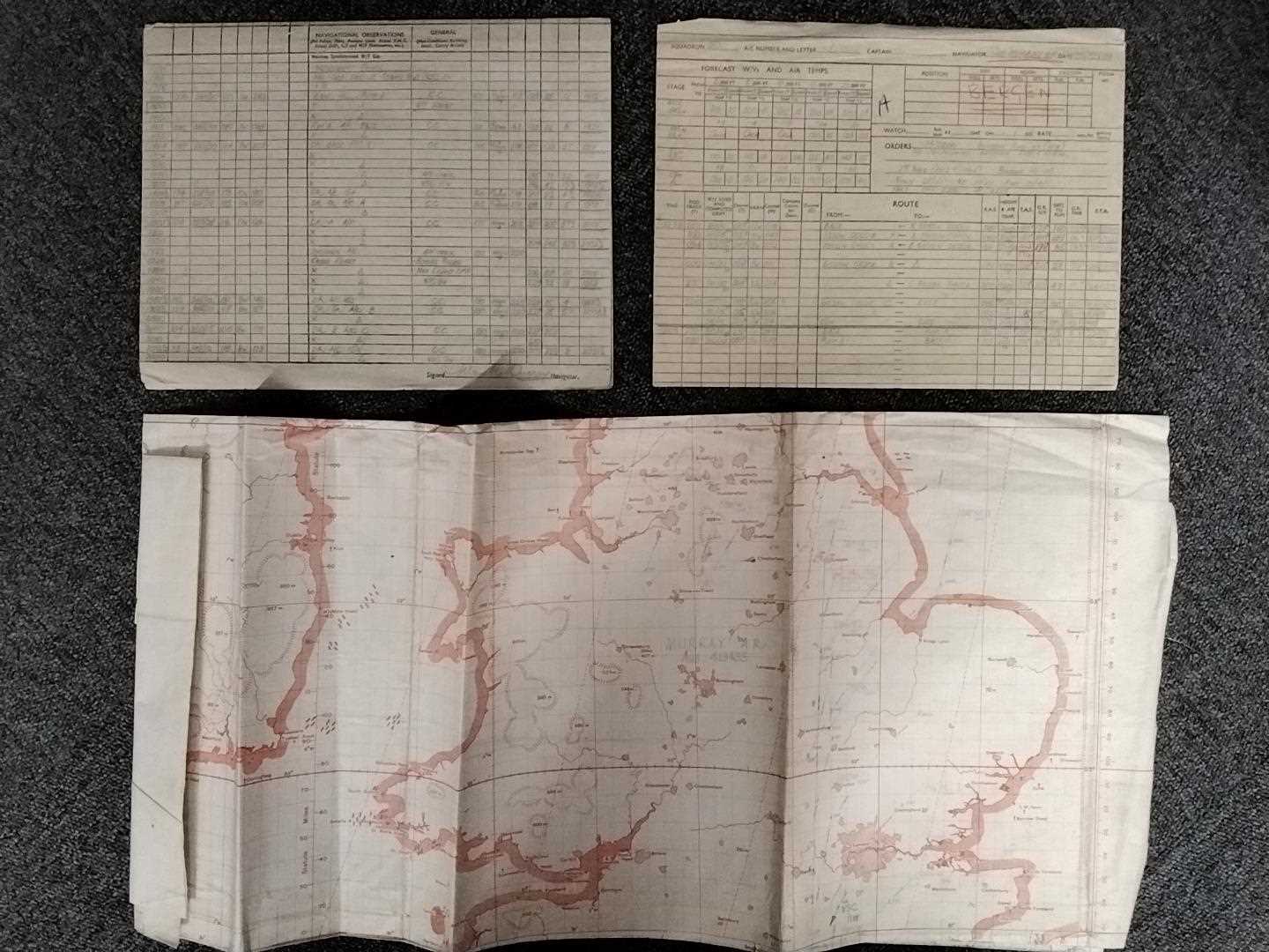 Lot 480 - WWII Logs & Chart. WWII navigation logs and chart kept by Flight Sergeant Alan Murray, 50 Squadron