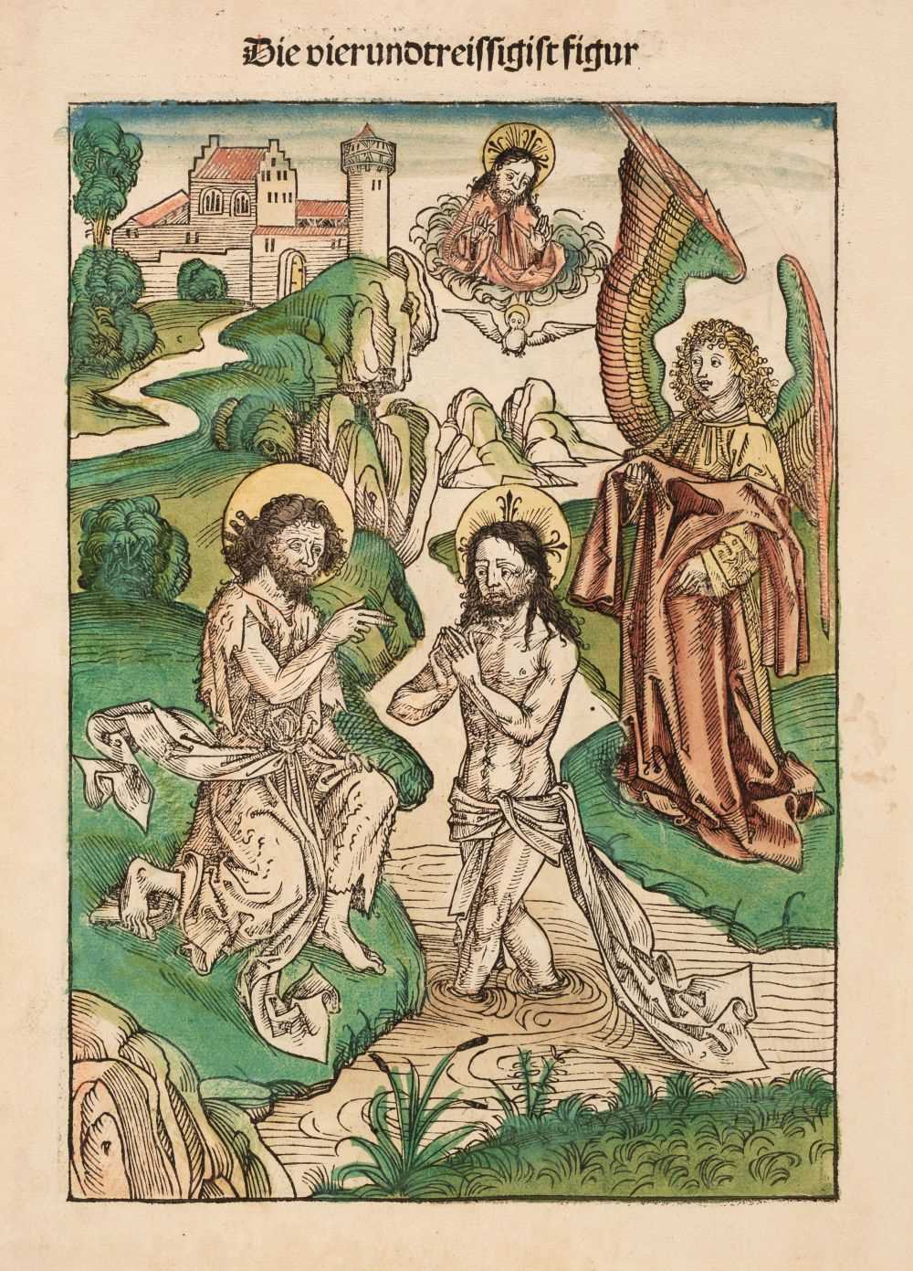 Lot 19 - Wolgemut (Michael, 1434-1519). The Baptism of Christ, 1491, woodcut, hand-coloured