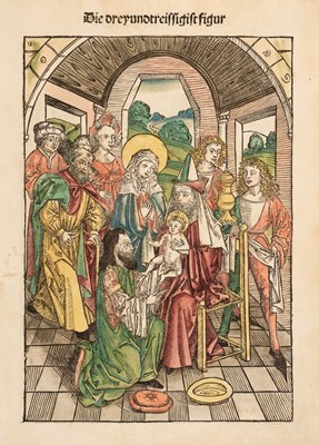 Lot 19 - Wolgemut (Michael, 1434-1519). The Baptism of Christ, 1491, woodcut, hand-coloured