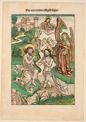 Lot 19 - Wolgemut (Michael, 1434-1519). The Baptism of Christ, 1491, woodcut, hand-coloured