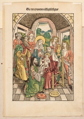 Lot 19 - Wolgemut (Michael, 1434-1519). The Baptism of Christ, 1491, woodcut, hand-coloured