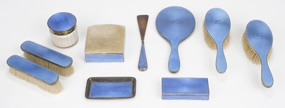Lot 755 - Dressing Table Set. An art deco silver and enamel dressing table set by Asprey & Co, Birmingham 1928