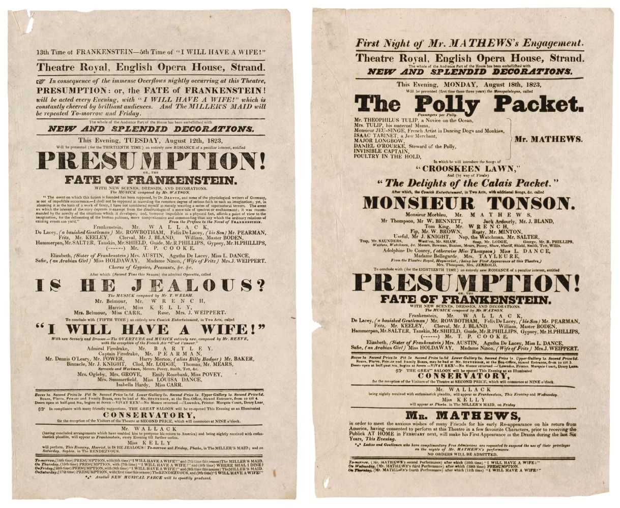 Lot 145 - Frankenstein Playbills. Presumption! Or, The Fate of Frankenstein...