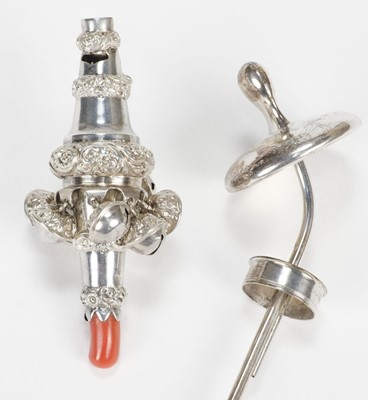 Lot 775 - Silver Rattle. A Victorian silver baby's rattle, whistle and teether