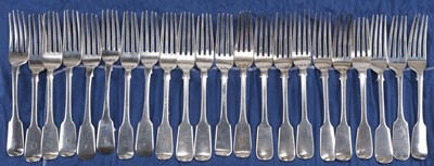 Lot 761 - Forks. A collection of silver dinner forks, including 6 Edward VII forks by James Howden & Co...