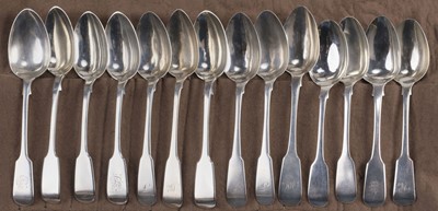 Lot 781 - Spoons. A collection of silver dessert spoons, including a group of 3 George III spoons by Peter & William Bateman, London, 1810