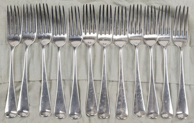Lot 760 - Forks. A collection of silver dinner forks, including 12 George III forks by Richard Crossley...