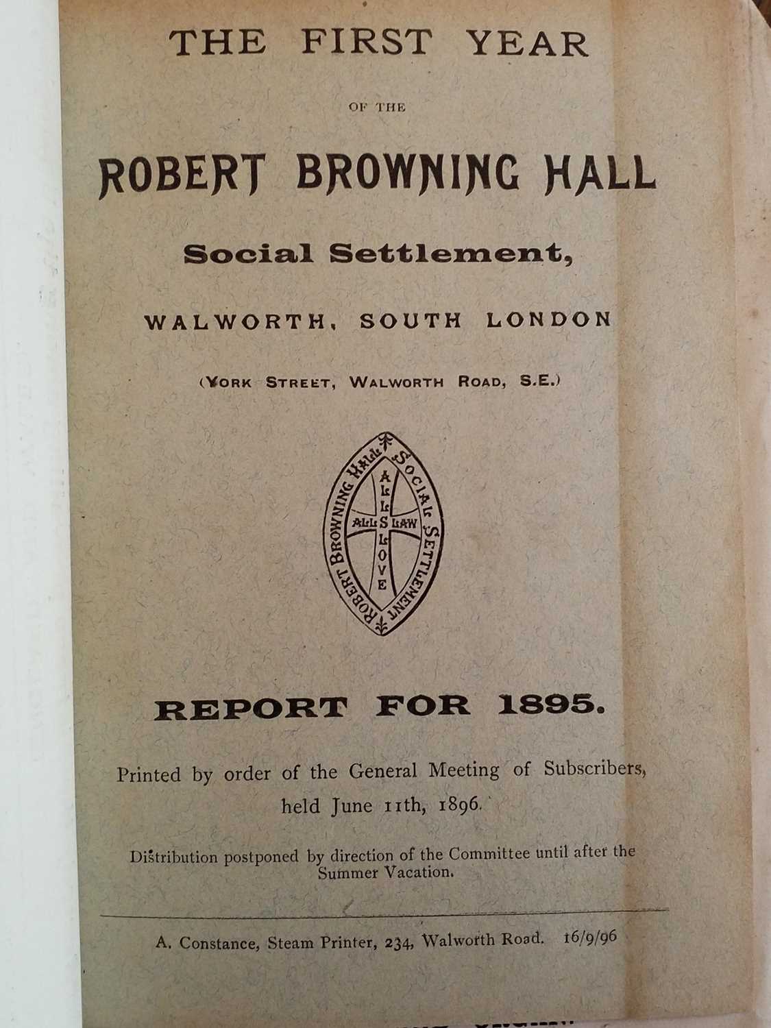 Lot 348 - Robert Browning Settlement. Volume containing 49 related pamphlets, 1895-1902