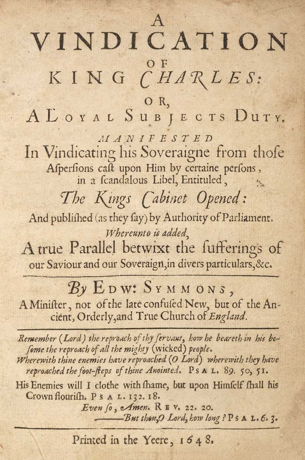 Lot 319 - Charles I. A Vindication of King Charles..., by Edward Symmons, 1648 [but 1647]