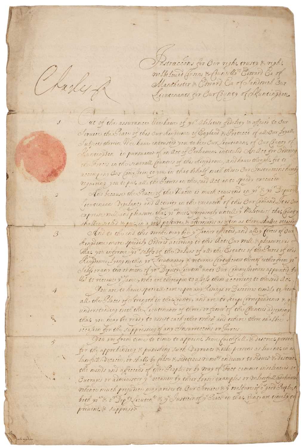 Lot 408 - Charles II (1630-1685). Document Signed, 'Charles R', Hampton Court, 17 July 1662