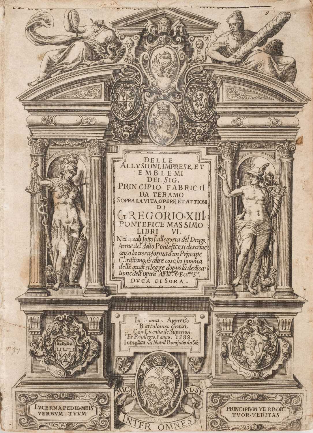 Lot 339 - Fabrizi (Principio). Delle allusioni, imprese, et emblemi..., 1588