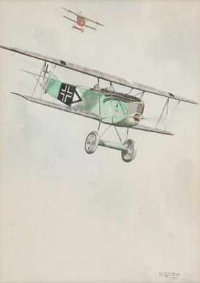 Lot 276 - Bridgman (Leonard, 1885-1980). WWI German biplane being pursued, watercolour on paper