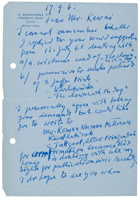 Lot 318 - Kokoschka (Oskar, 1886-1980). Autograph Letter Signed, ‘Oskar Kokoschka’, 17 September 1961
