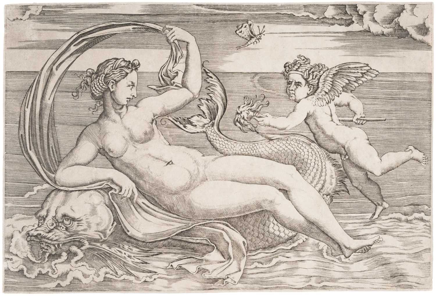 Lot 15 - Veneziano (Agostino, 1510-1536). Venus on a Dolphin, after Raphael, 1516, engraving