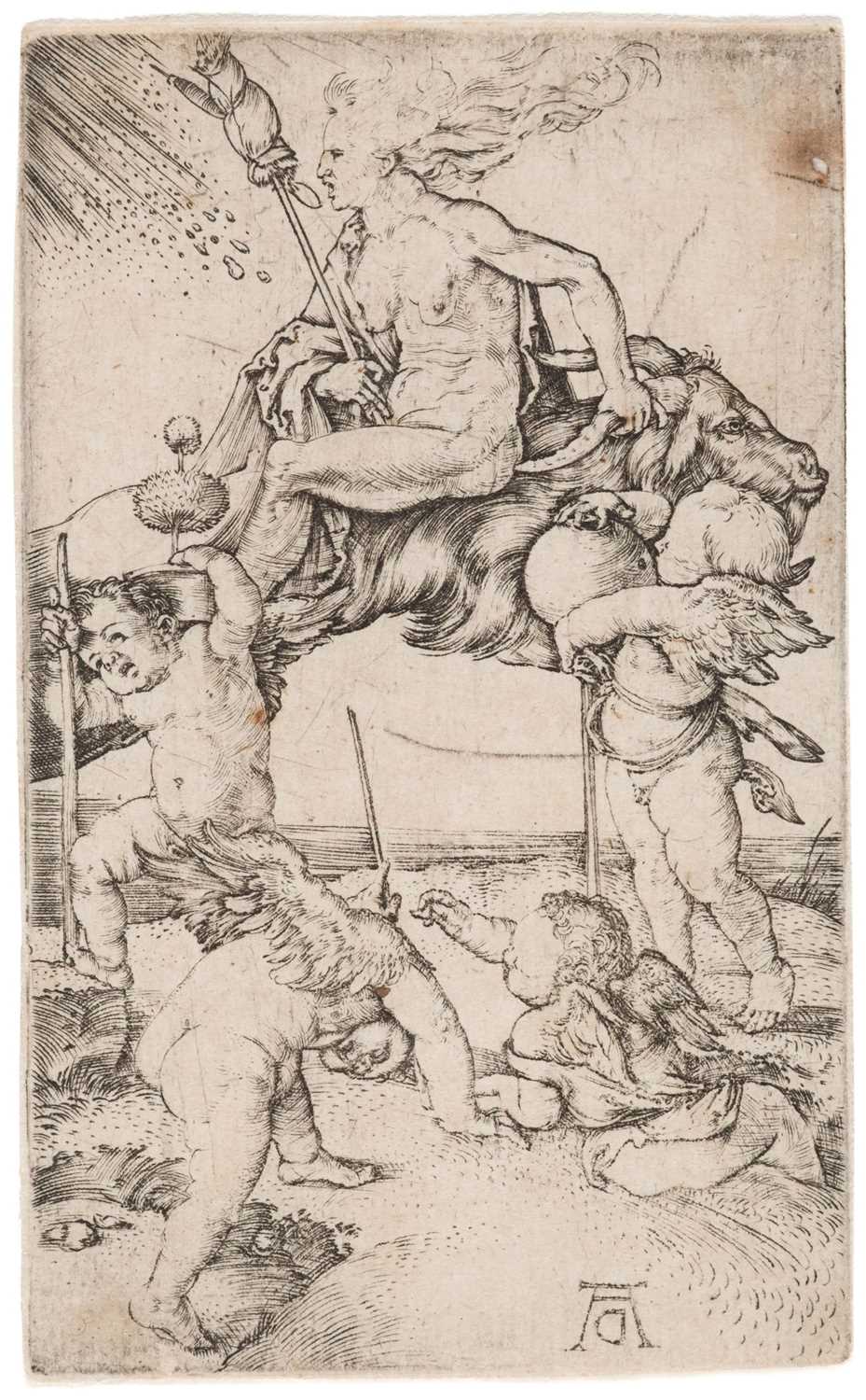 Lot 4 - Durer (Albrecht, 1471-1528). Witch Riding Backwards on a Goat, circa 1500, engraving